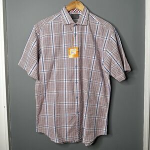 THOMAS DEAN TD Mens SHORT SLEEVE Button Down SHIRT Red White Blue Plaid M New